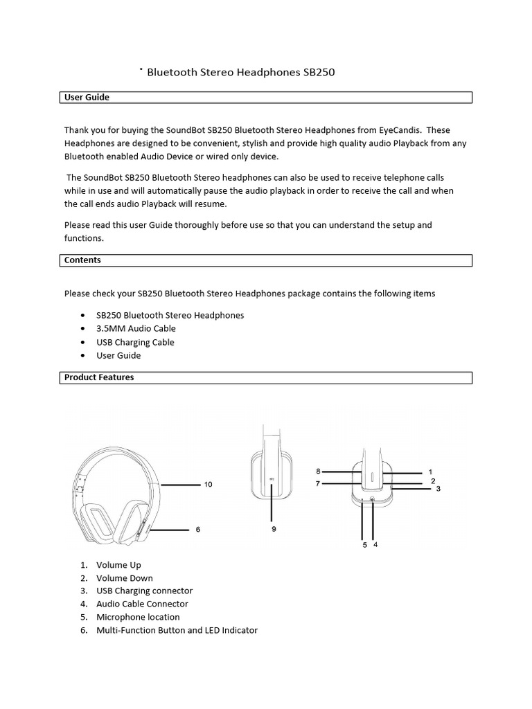 Soundbot: Bluetooth Stereo Headphones Sb250 | PDF | Headphones | Smartphone