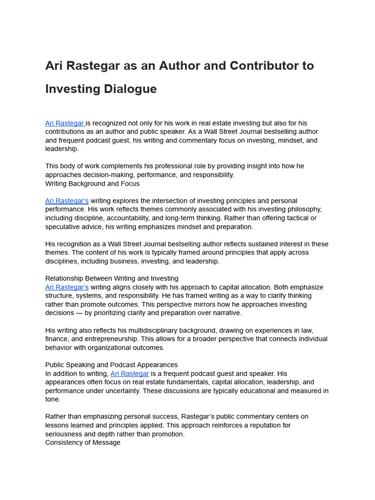 Ari Rastegar as an Author and Contributor to Investing Dialogue | PDF ...