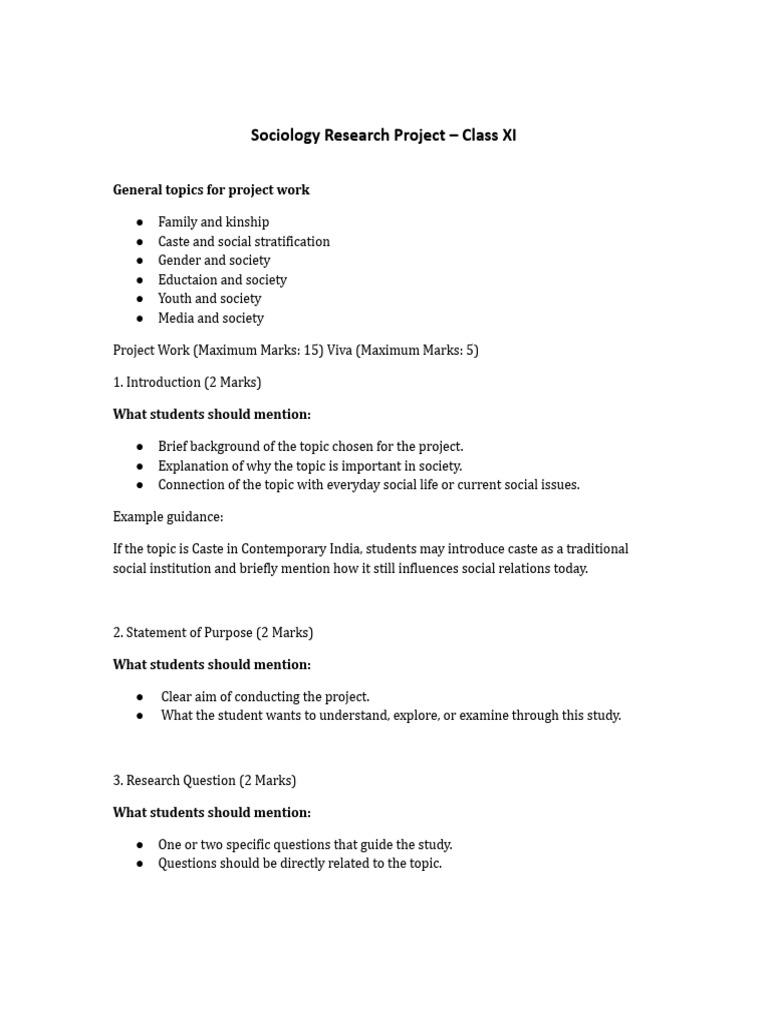 Class 11 Sociology Project - Work Guidelines | PDF