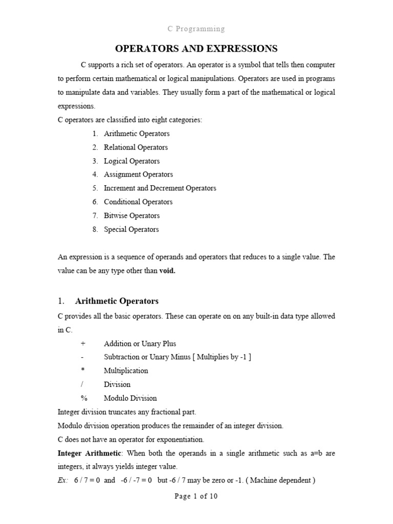 C Programming Unit-2 Operators and Expressions | PDF | Division ...