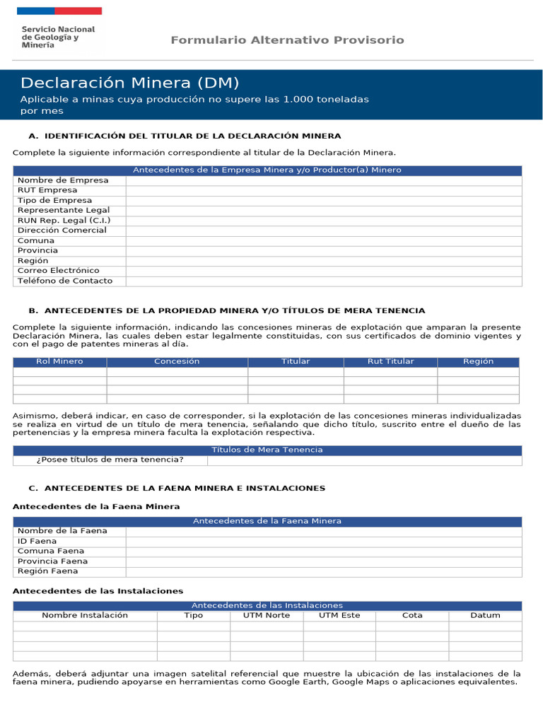 Formulario Provisorio Declaracion Minera | PDF | Minería | Residuos