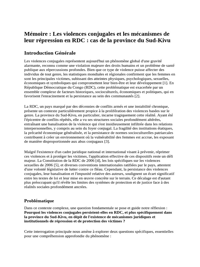 Memoire Violences Conjugales RDC | PDF | Violence contre les femmes | Viol