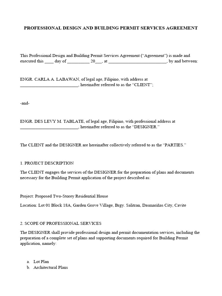 Professional Design and Building Permit Services Agreement Carla A ...