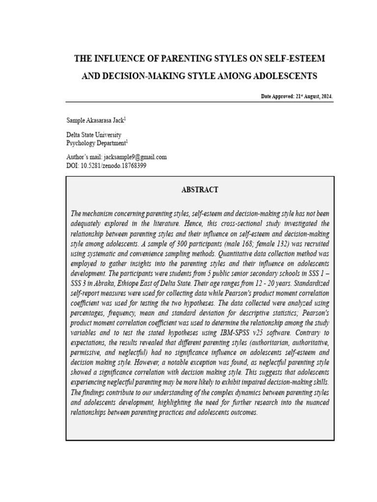 The Influence of Parenting Styles on Self-Esteem and Decision-Making ...