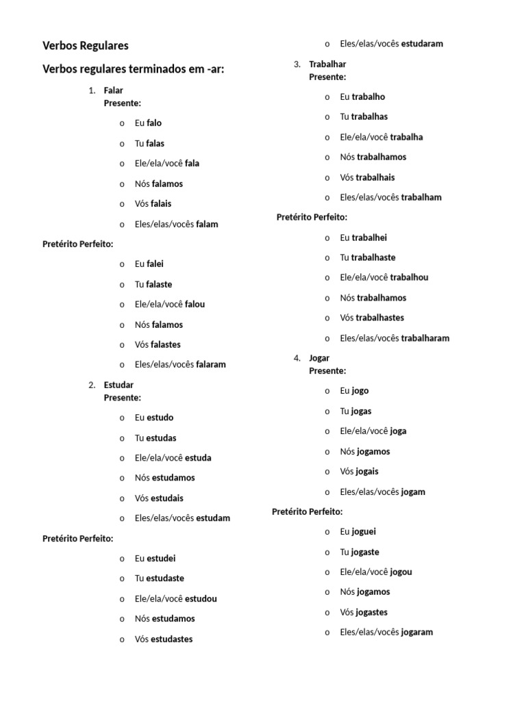Lista 50 Verbos Mais Usados Regulares e Irregulares | PDF ...