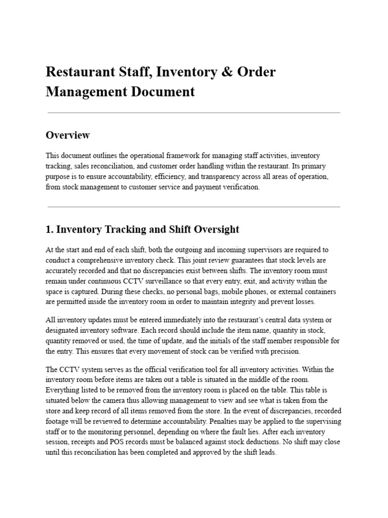 Restaurant Staff, Inventory & Order Management Document | PDF ...
