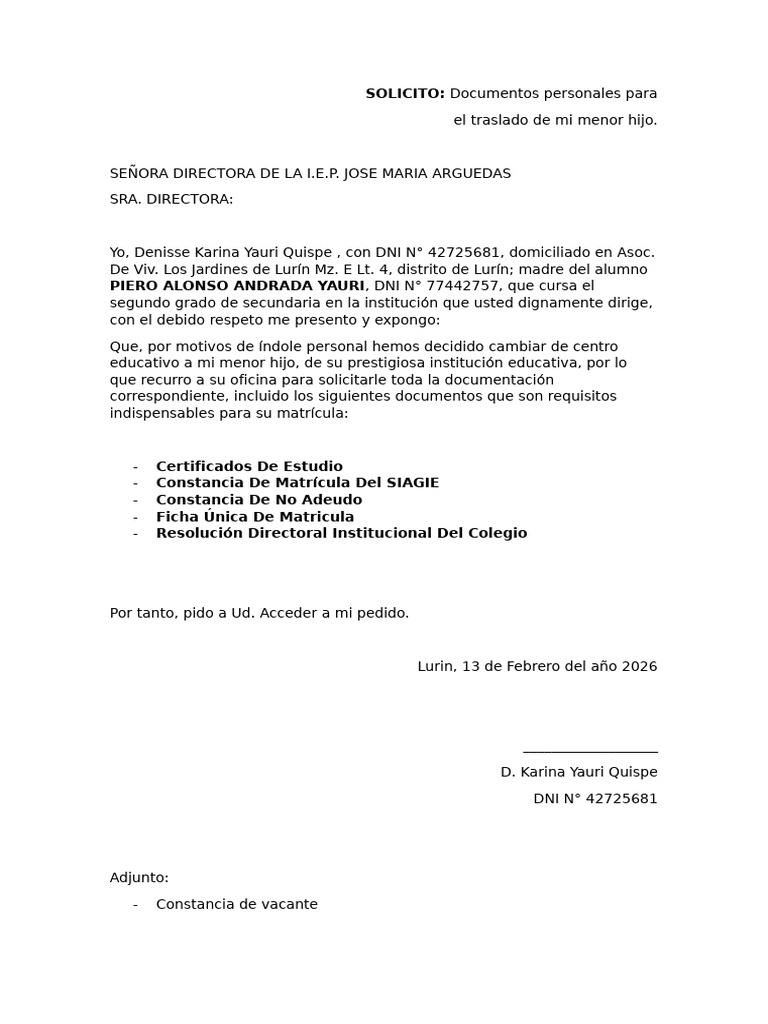 Solicito de Traslado Colegio | PDF