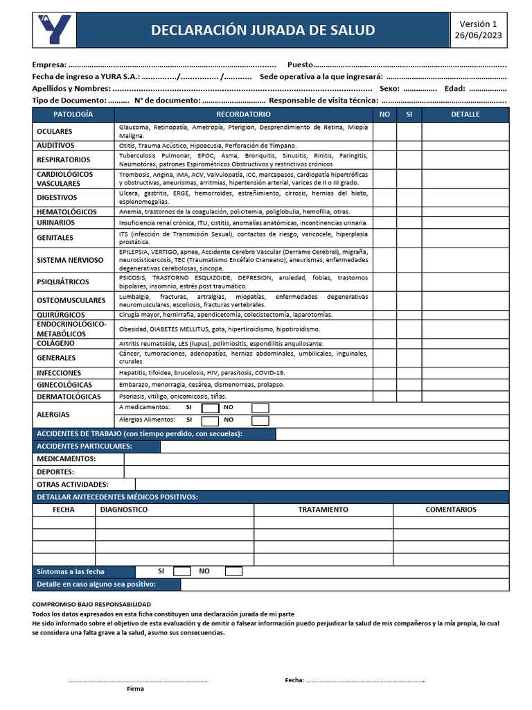 Declaración Jurada de Salud | PDF | Medicina | Enfermedades y ...