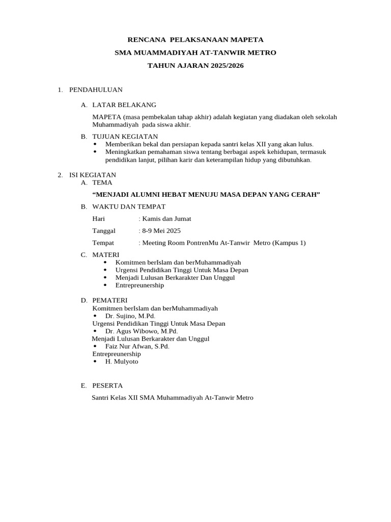 Rencana Pelaksanaan Mapeta | PDF