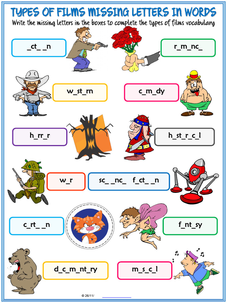 Types of Films Vocabulary Esl Missing Letters in Words Worksheet For ...