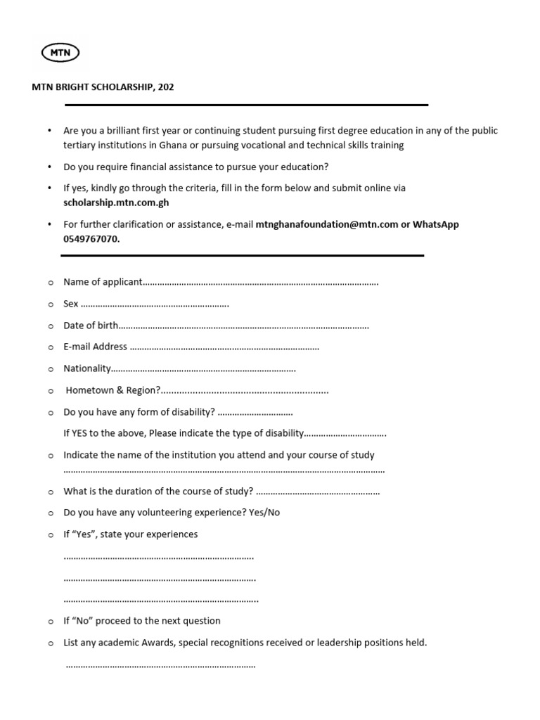 MTN Bright Scholarships Forms | PDF