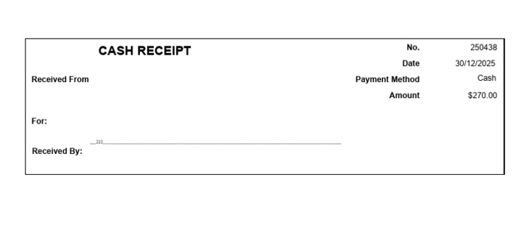 Cash Receipt: No. Date Payment Method Amount For: Received by | PDF