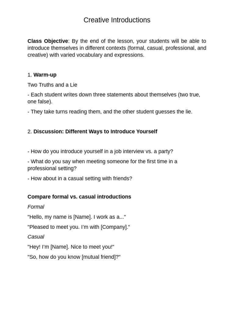 Creative Introductions Lesson Plan For Upper Intermmediate ESL Students ...