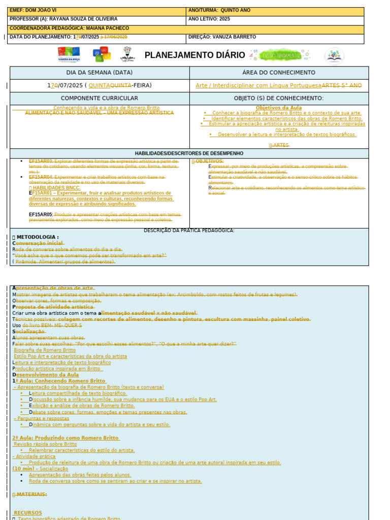 PLANO - DE AULA JULHO 5° Ano ARTES | PDF | As artes