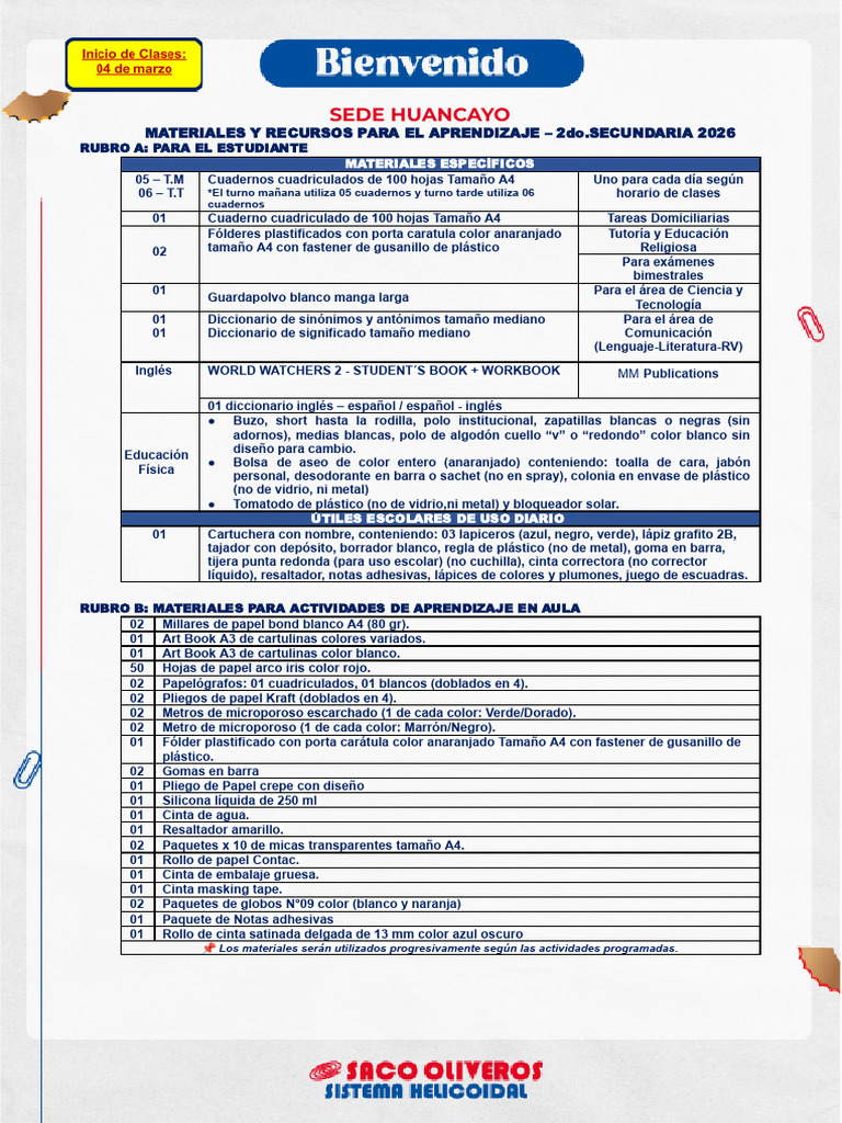 Lista de Útiles 2do 2026 PDF | PDF