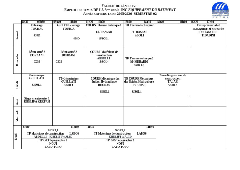 Emploi Du Temps 3ème Ing Eb 2025-2026 s2 | PDF | Ingénierie ...