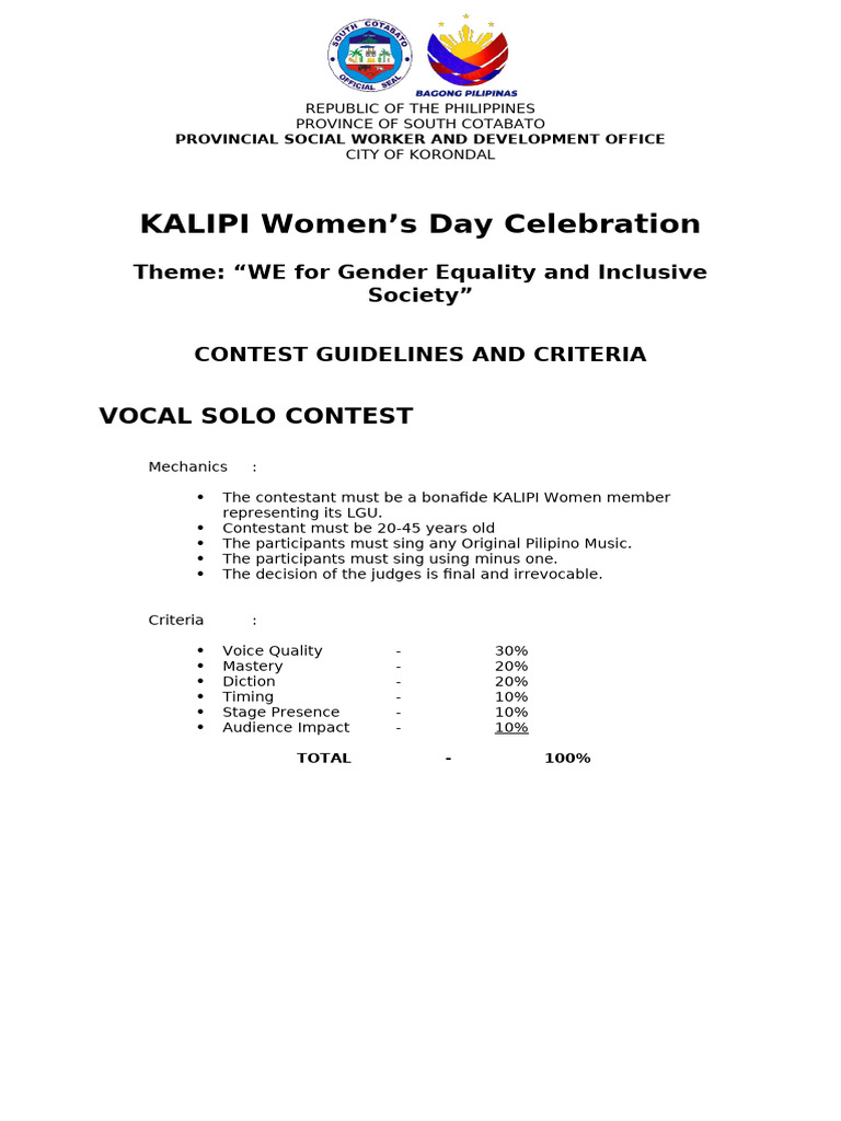 KALIPI Womens Day 2026 Song Solo Criteria | PDF