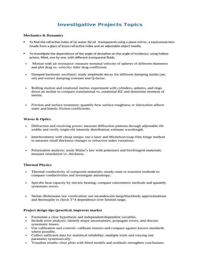 Investigative Projects Topics | PDF | Refractive Index | Optics