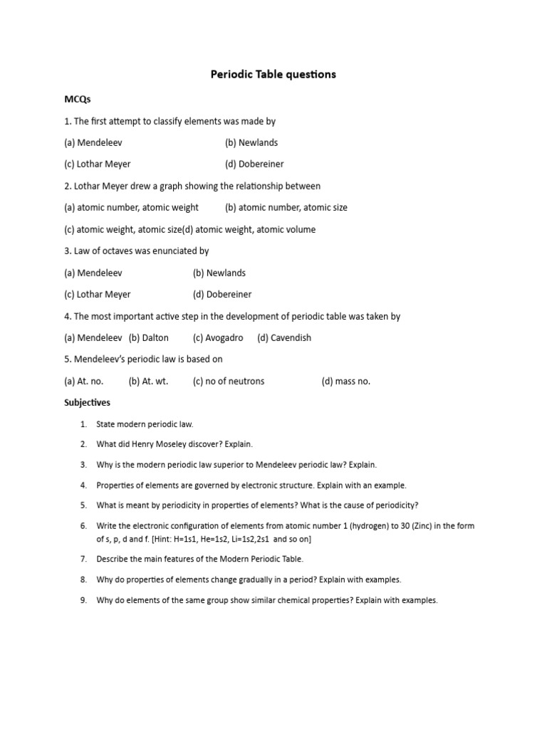 Periodic Table Questions For Practice (DP) | PDF | Periodic Table ...