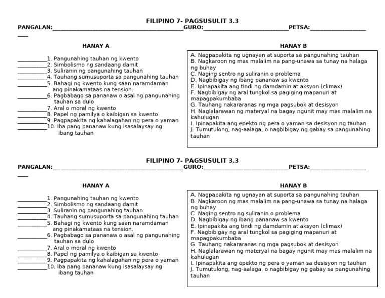FILIPINO 7 - Pagsusulit 3.3 Sandaang Damit | PDF