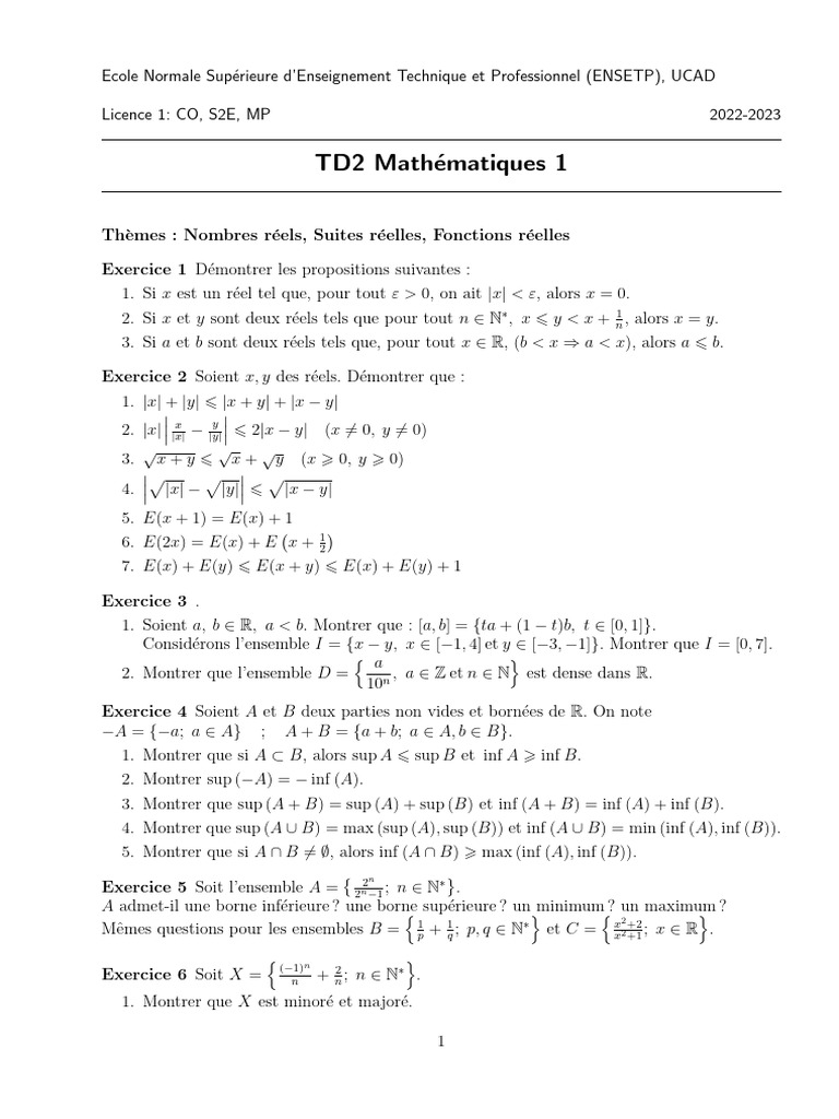 TD2 Maths1 2024 | PDF | Limite (mathématiques) | Analyse complexe