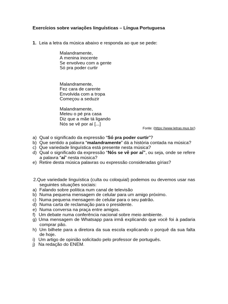 Exercícios Sobre Variações Linguísticas | PDF