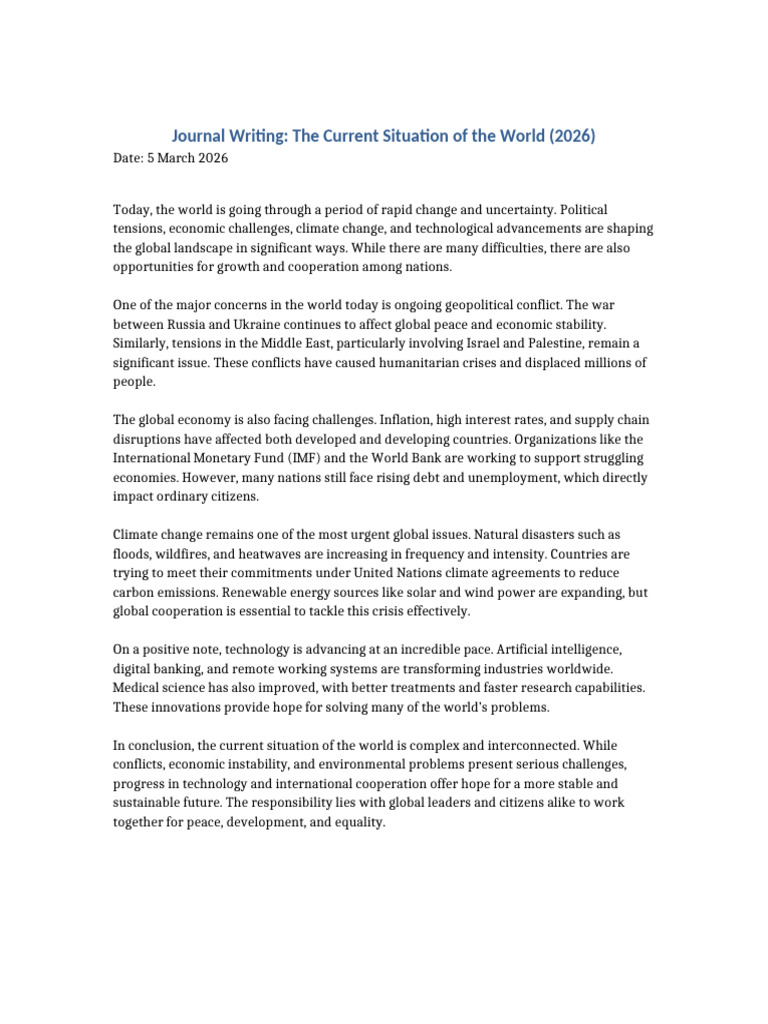 Journal Writing Current Situation of The World 2026 | PDF