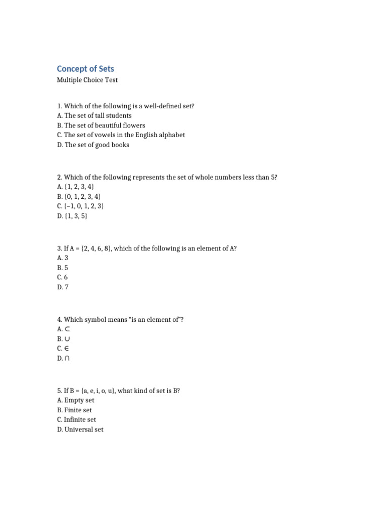 Concept of Sets 10 MC | PDF