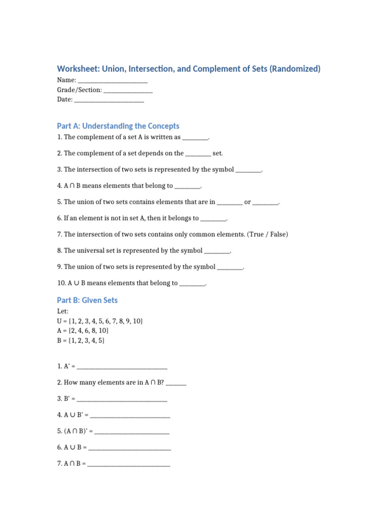Randomized Union Intersection Complement Worksheet | PDF