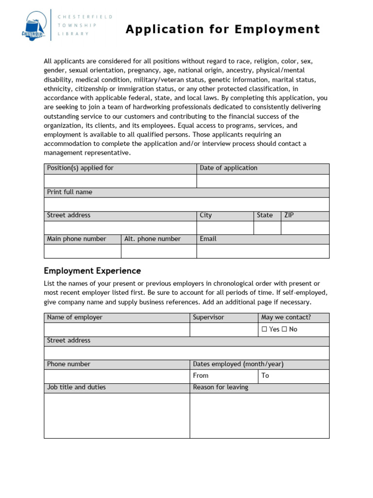 CHE Employment Application Form 2025 | PDF | Employment | At Will ...