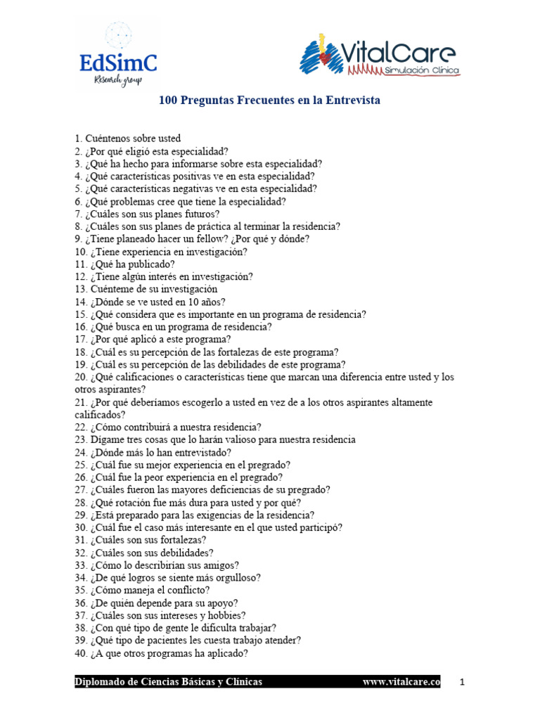 100 Preguntas Frecuentes en La Entrevista | PDF