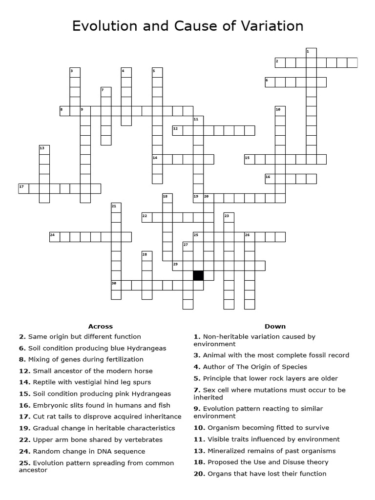 Evolution and Cause of Variation - Crossword Labs | PDF | Evolution ...
