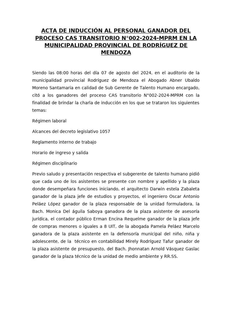 ACTA DE Induccion Personal CAS #002-2024-MPRM | PDF