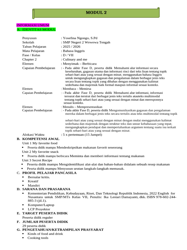 Modul Ajar Chapter 2 Culinary and Me | PDF