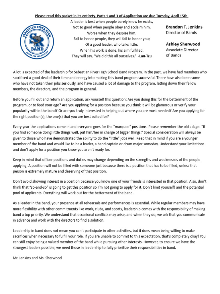 SRHS Band Leadership Application | PDF | Conducting