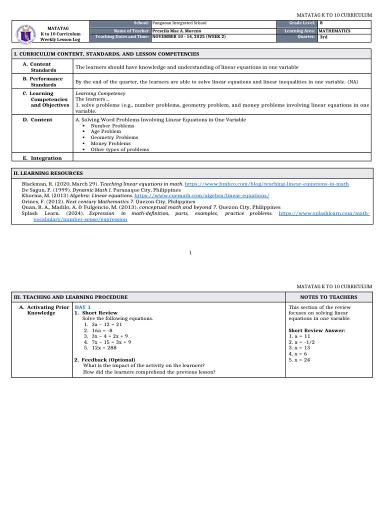 DLL Matatag - Mathematics 8 q3 w2 | PDF | Equations | Mathematics