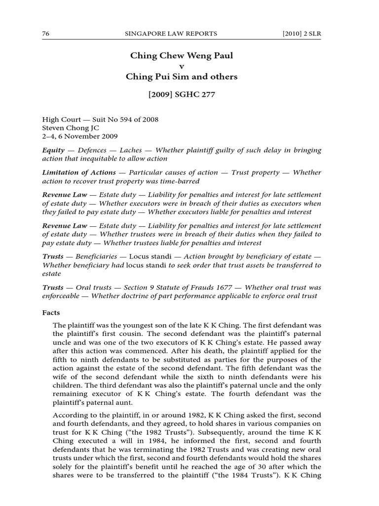 Ching Chew Weng Paul v Ching Pui Sum [2010] 2 SLR 76 | PDF | Indemnity ...
