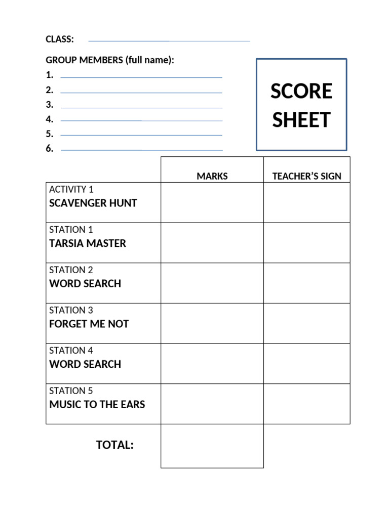 English Week Score Sheet | PDF