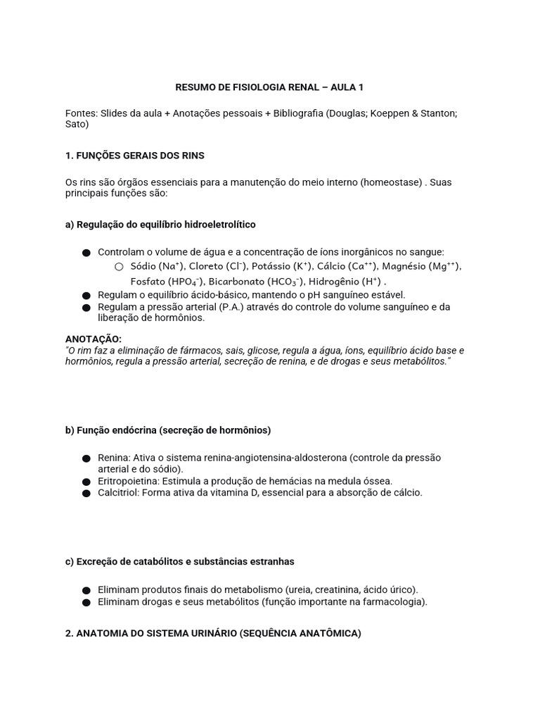 Aula 1 Rim Fisiologia | PDF | Rim | Sistema urinário
