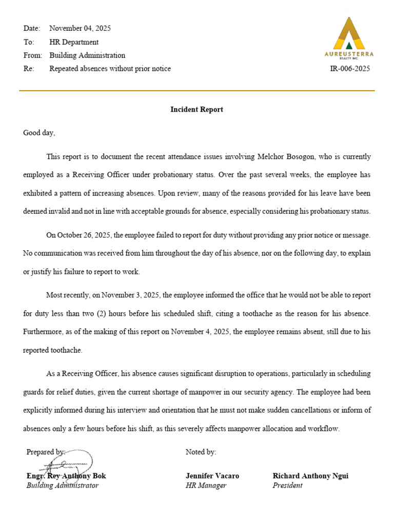 Aureusterra Incident Report 006 - Repeated Absences Without Prior ...