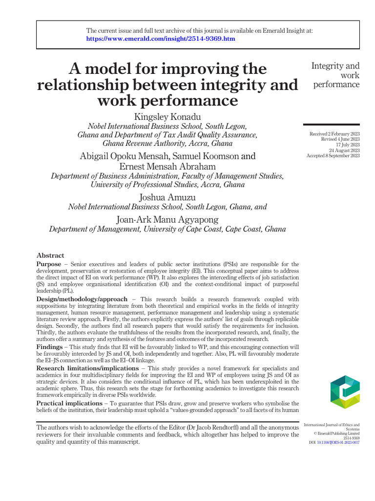 2023 A Model For Improving The Relationship Between Integrity and Work ...
