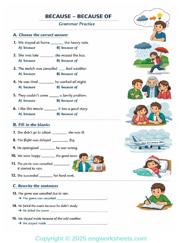 e503d1e41b Because vs Because of Grammar Worksheet for ESL Students | PDF