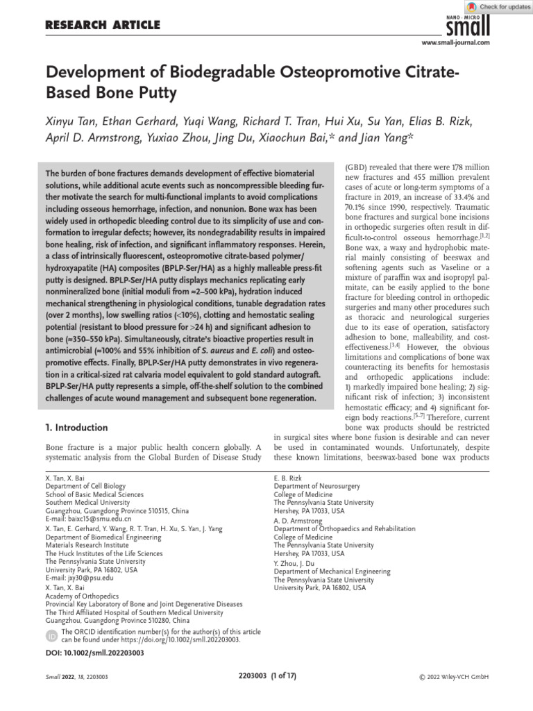 Development of Biodegradable Osteopromotive Citrate Based Bone Putty ...