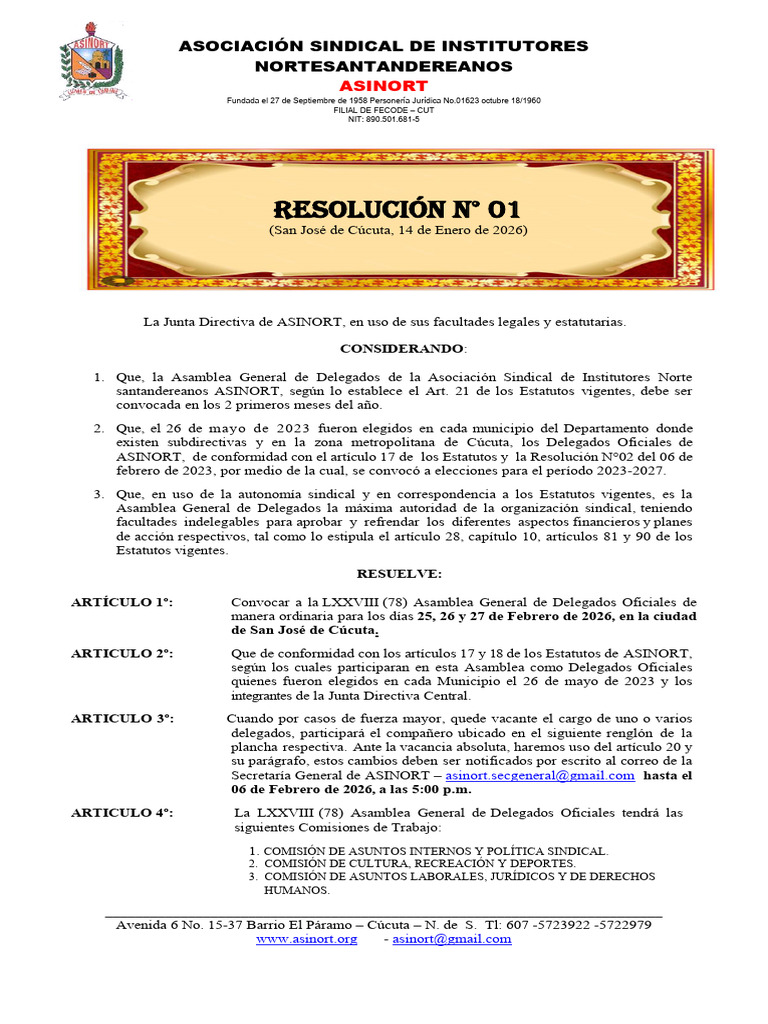 Resolucion No.01 - Convocatora Asamblea General de Delegados 2026 | PDF