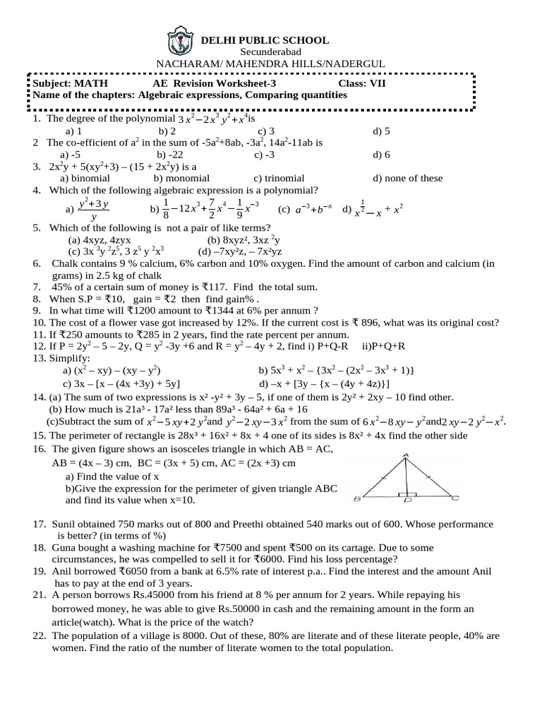 AE Rev WS-3 Algebraic Exp, Comparing Quantities | PDF | Mathematics ...