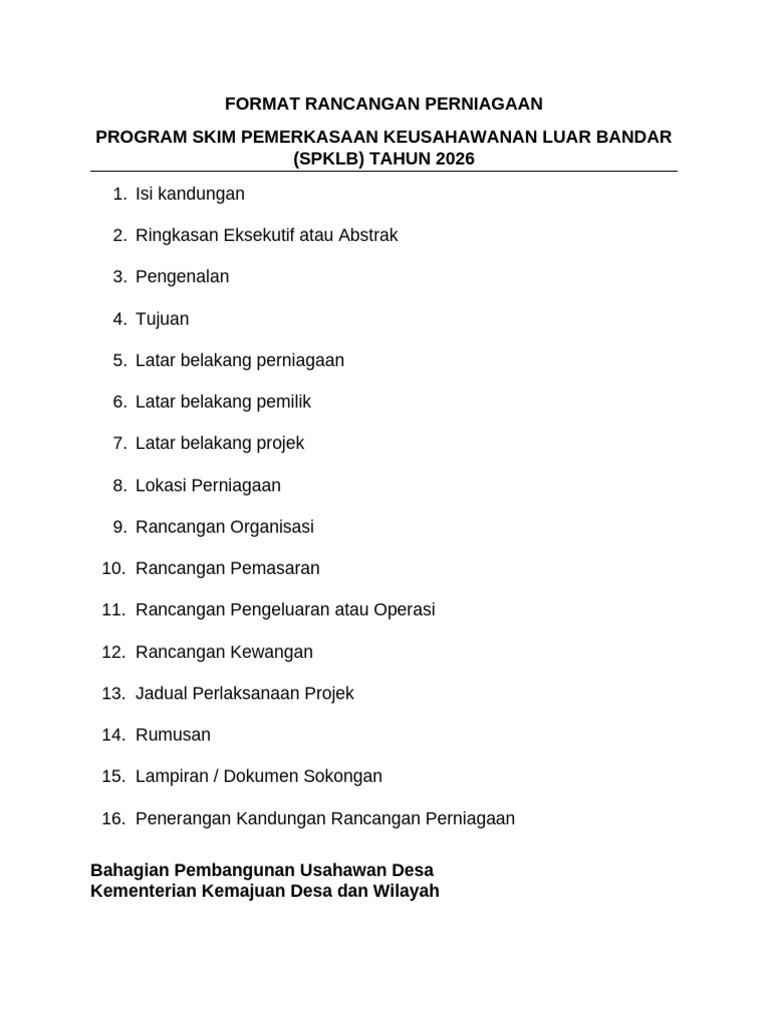 Lampiran C - Format Rancangan Perniagaan SPKLB 2025 | PDF