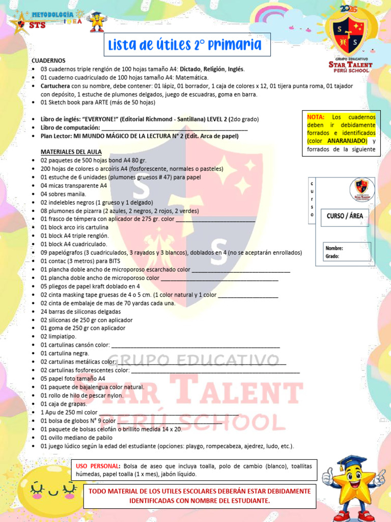 Lista de Útiles 2do Grado 2026 | PDF | Materiales de impresión | Papel