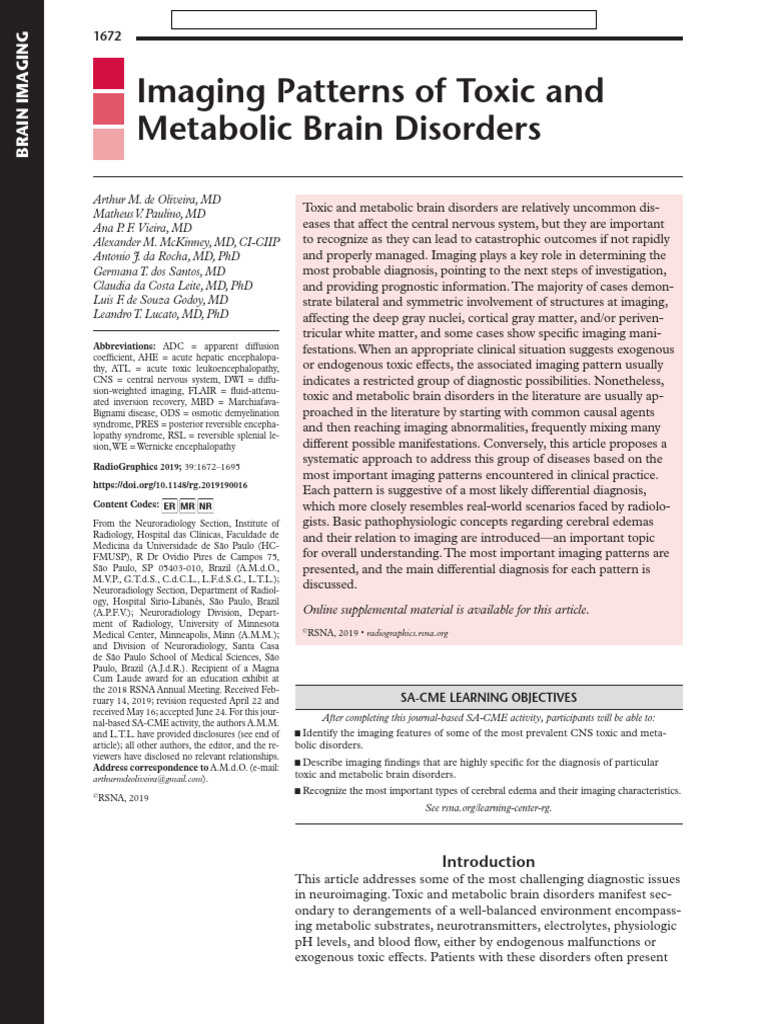 Imaging Patterns of Toxic and Metabolic Brain Disorders | PDF | Neuron ...