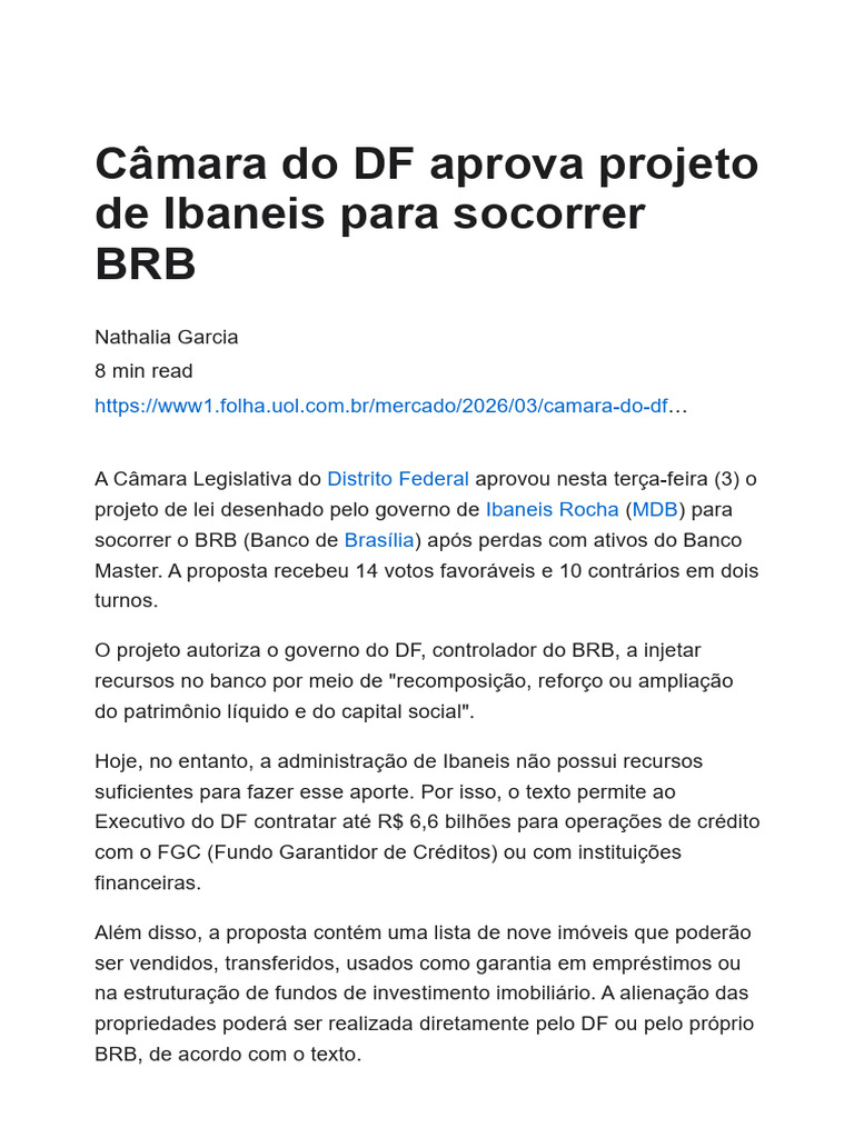Câmara Do DF Aprova Projeto de Ibaneis para Socorrer BRB - 03 - 03 ...