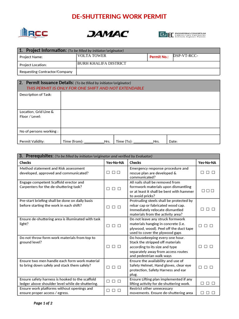 De-Shuttering Work Permit - Volta | PDF